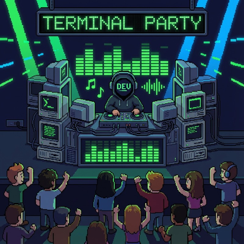 Pixel-art terminal party: a DJ at a booth of CRT terminals, crowd of builders dancing